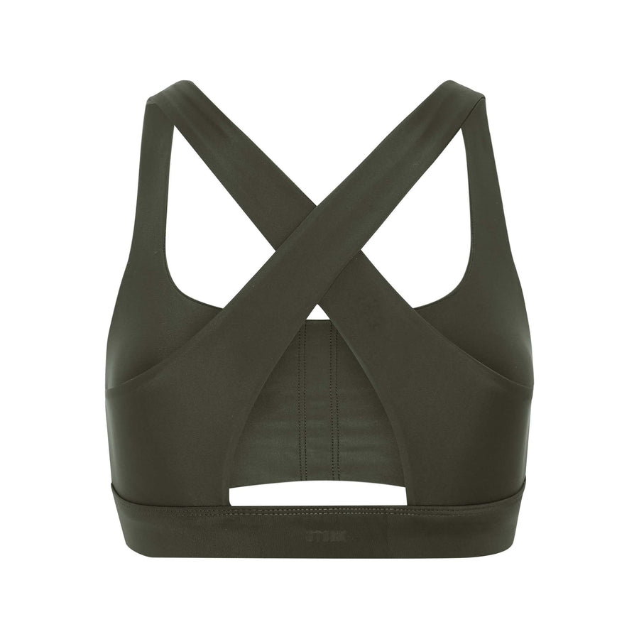 Green front slit sports bra made from recycled plastic bottles