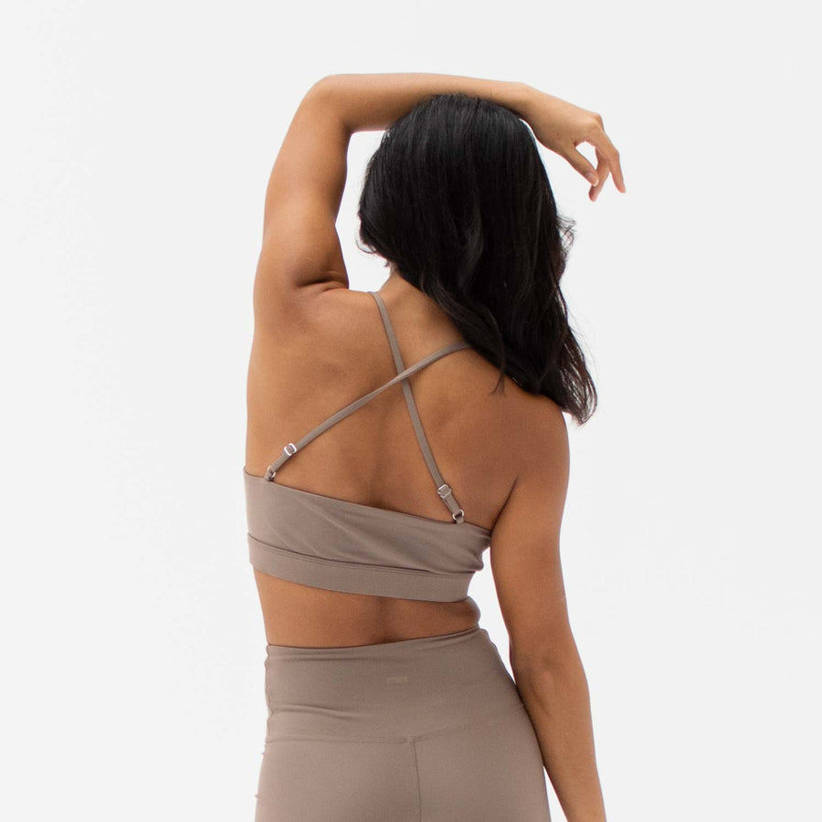 Brown scoop neck sports bra made from recycled plastic bottles