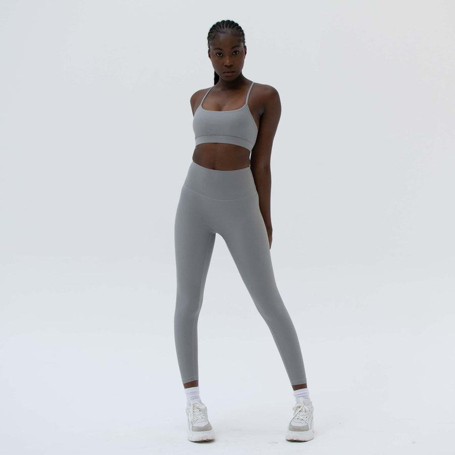 Grey activewear leggings made from recycled plastic bottles