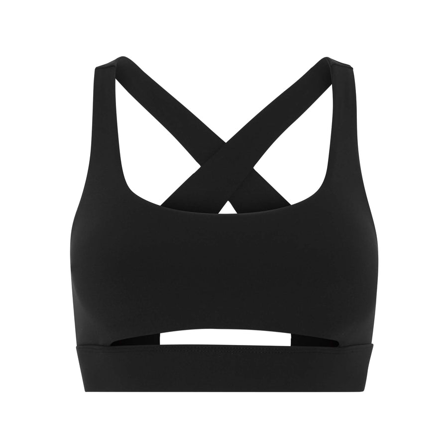 Black front slit sports bra made from recycled plastic bottles