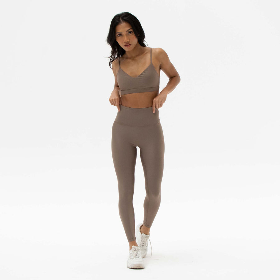Brown activewear leggings made from recycled plastic bottles