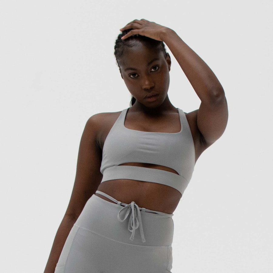 Grey front slit sports bra made from recycled plastic bottles
