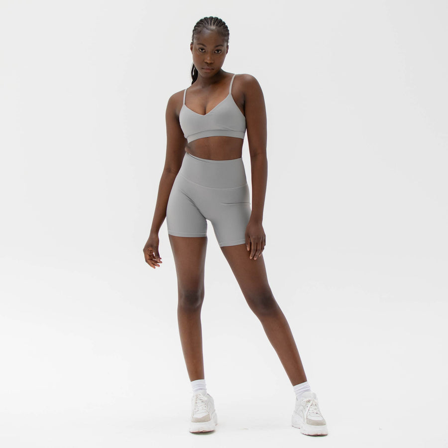 Grey sustainable activewear shorts made from recycled plastic bottles