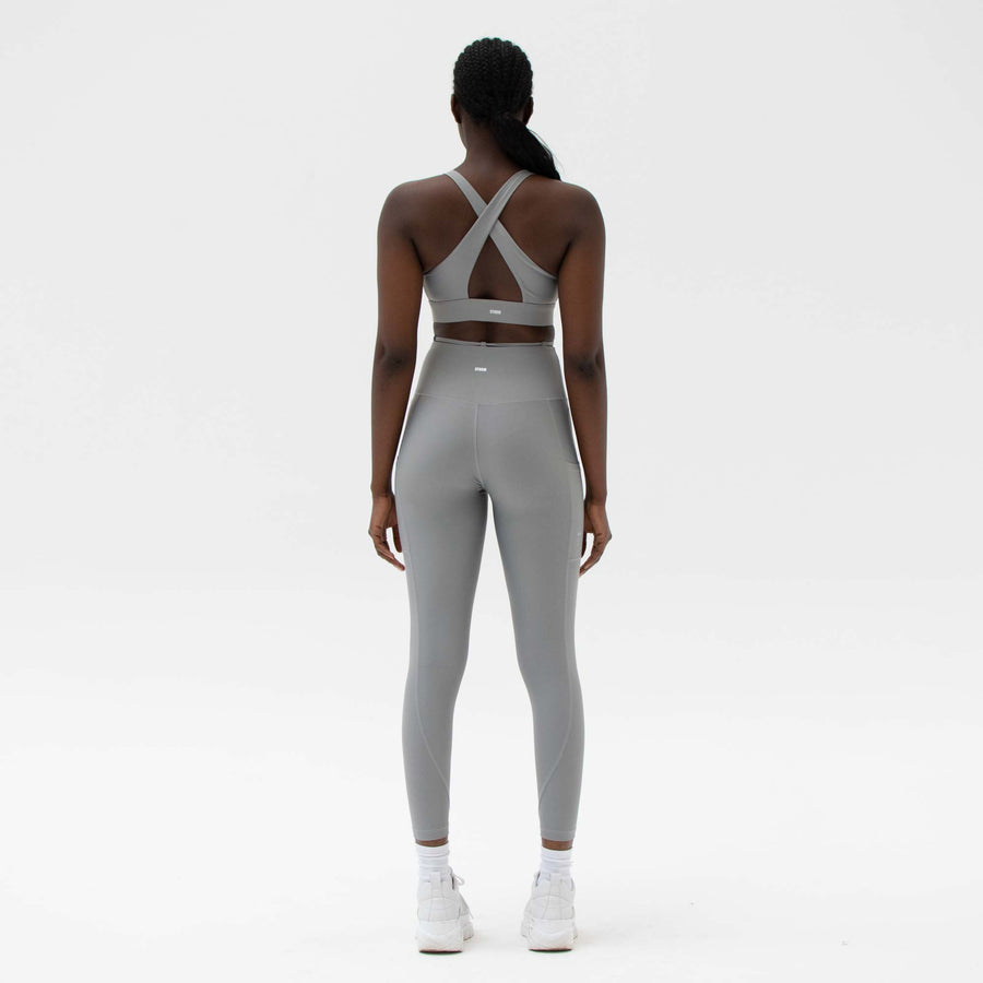 Grey activewear leggings with ties made from recycled plastic bottles