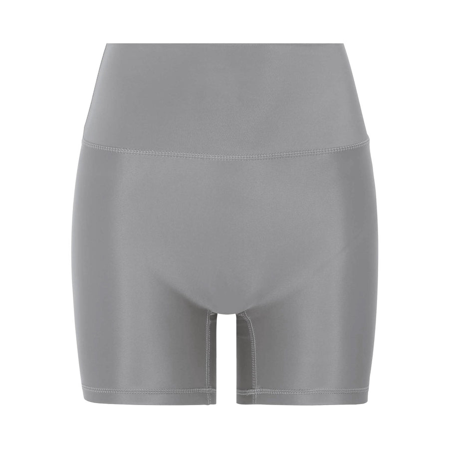 Grey sustainable activewear shorts made from recycled plastic bottles