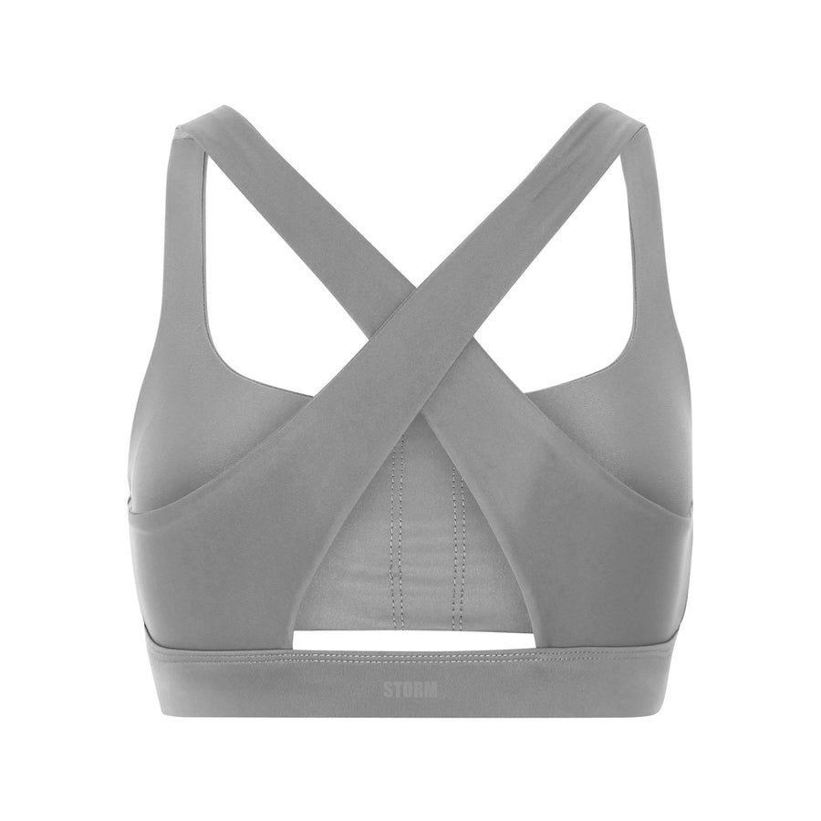 Grey front slit sports bra made from recycled plastic bottles
