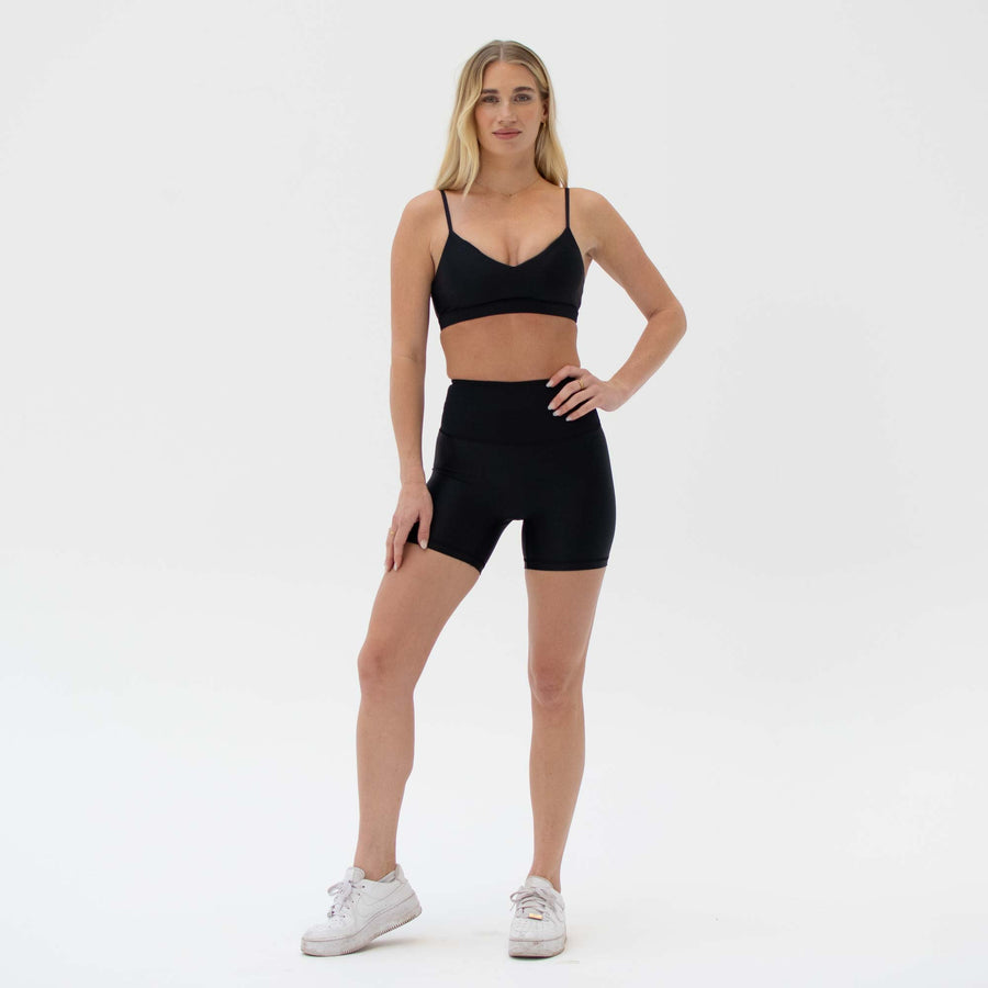 Black sustainable activewear shorts made from recycled plastic bottles