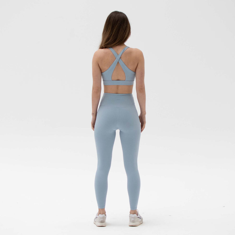 Blue activewear leggings made from recycled plastic bottles