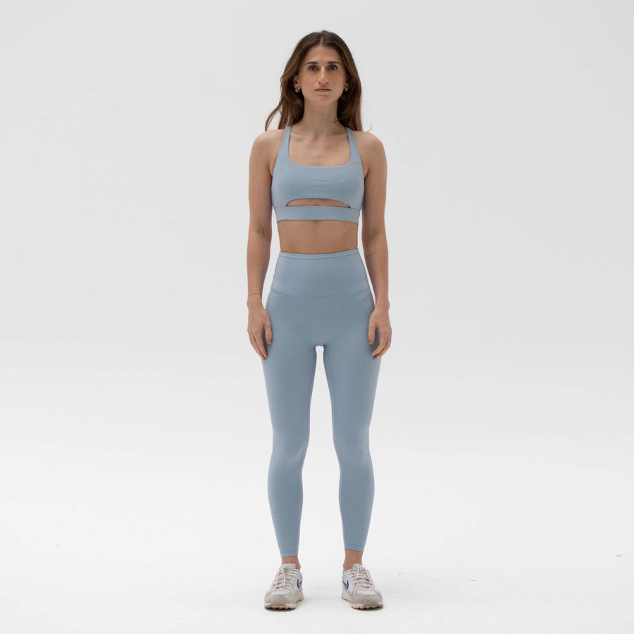 Blue activewear leggings made from recycled plastic bottles
