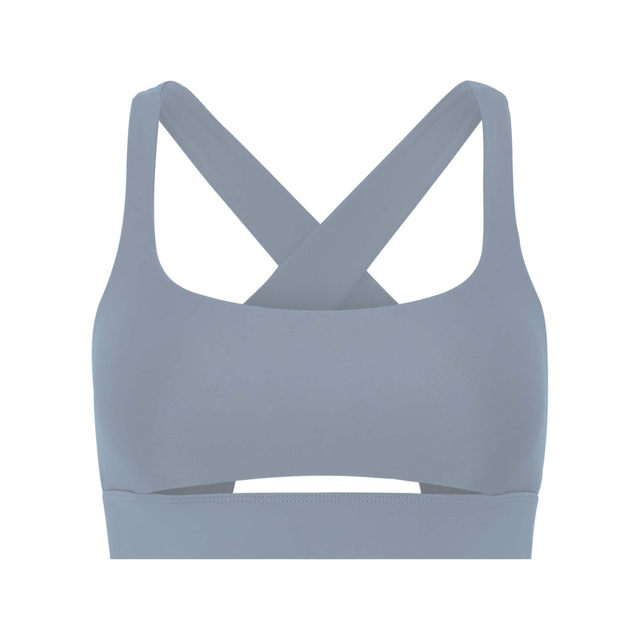 Blue front slit sports bra made from recycled plastic bottles