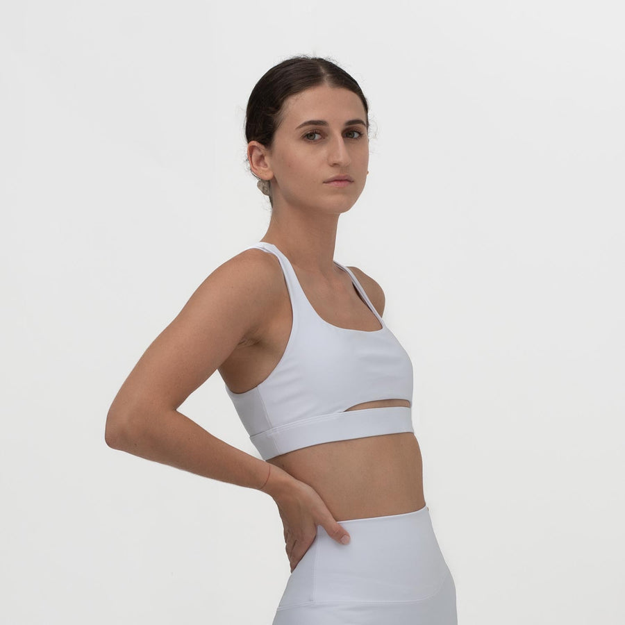 White front slit sports bra made from recycled plastic bottles